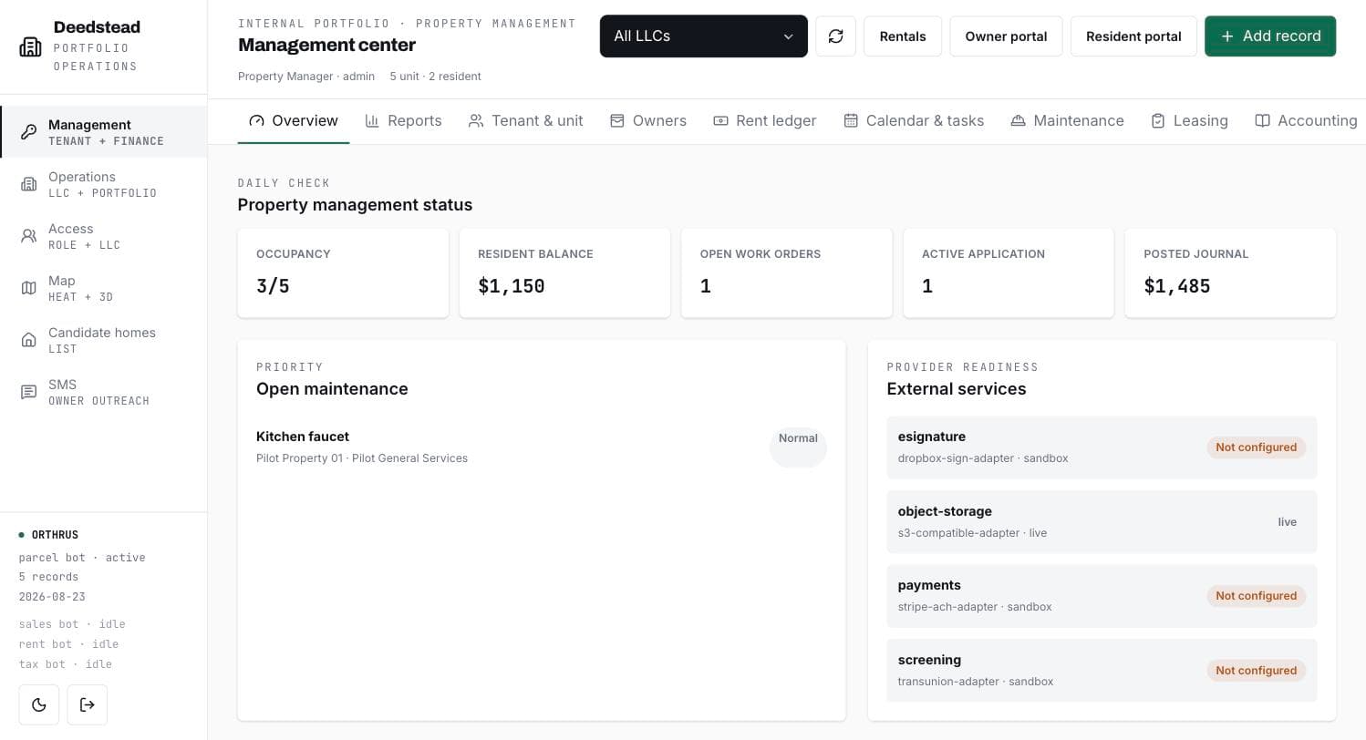 The management workspace: one LLC selector across the portfolio, occupancy, resident balance, open work orders and posted journal totals, with open maintenance and external service status below.
